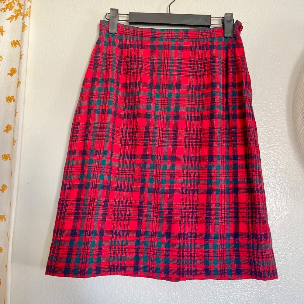 Vintage 80s Pendleton Red Tartan Wool Mini Skirt Made in USA - Picture 2 of 8